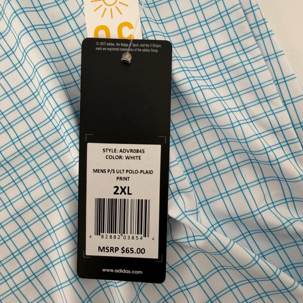 Adidas Golf Polo Mens 2XL White Blue Plaid Ultimate Print ADVR0845 UPF 50